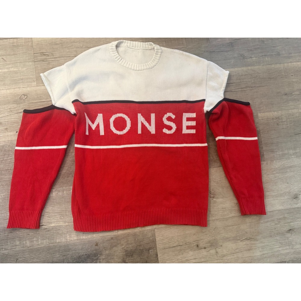 MONSE XS Red White Logo Cold Shoulder Cutout Cotton Designer Sweater
